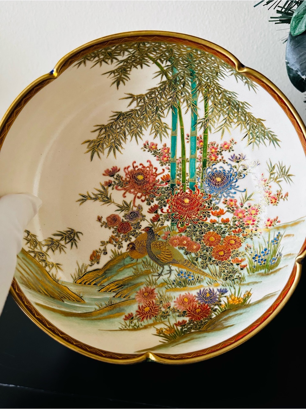 Vintage Satsuma-style Cobalt Blue Hand-Painted Pheasant Bowl 7"